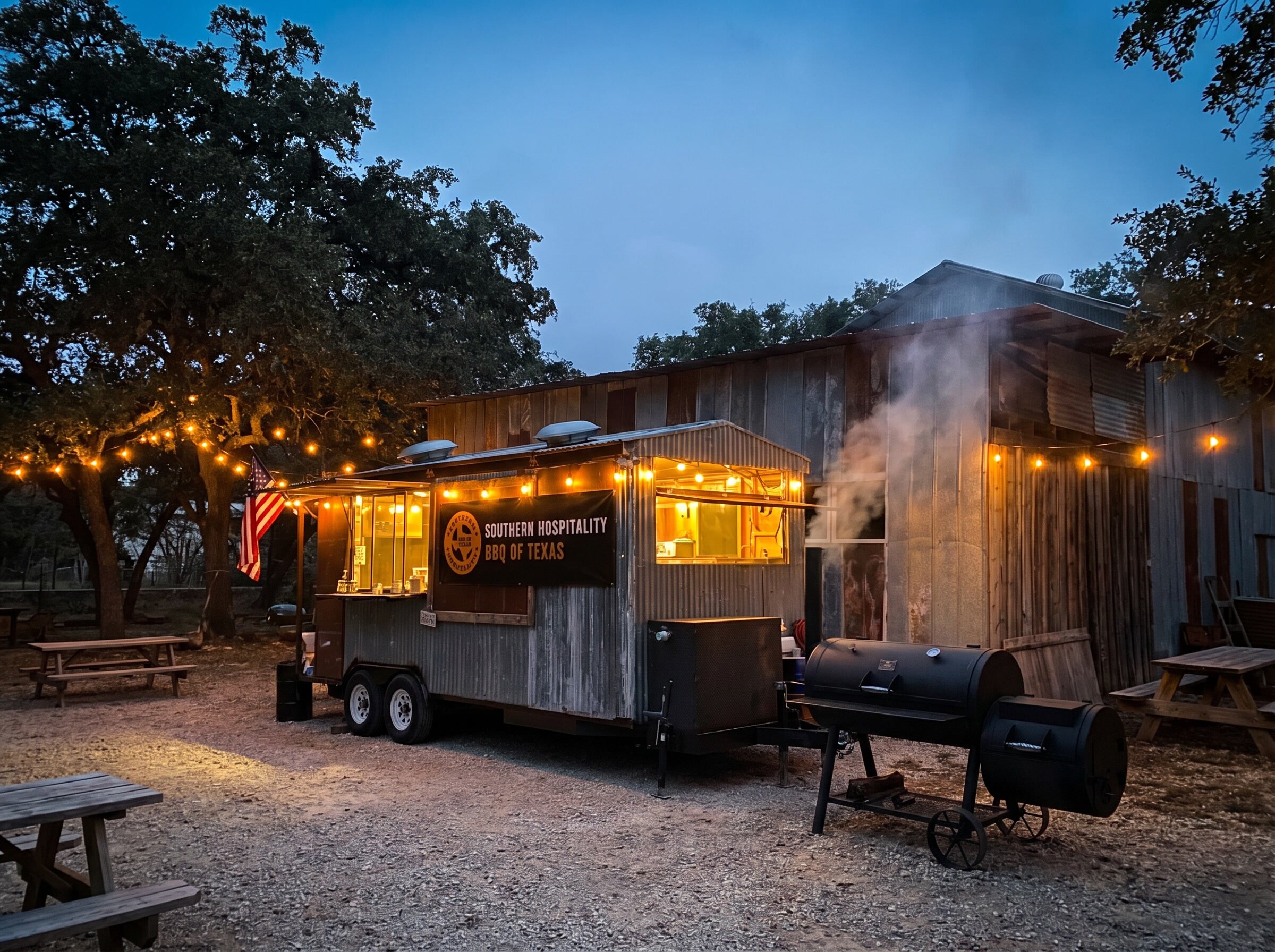 Southern Hospitality BBQ trailer at dusk with string lights